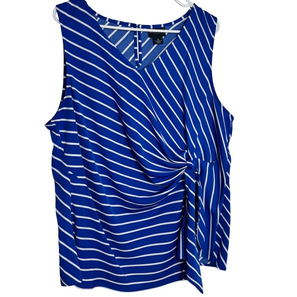 Liz Claiborne Career‎ XL Blue White Striped Sleeveless V Neck Twist Front Wrap